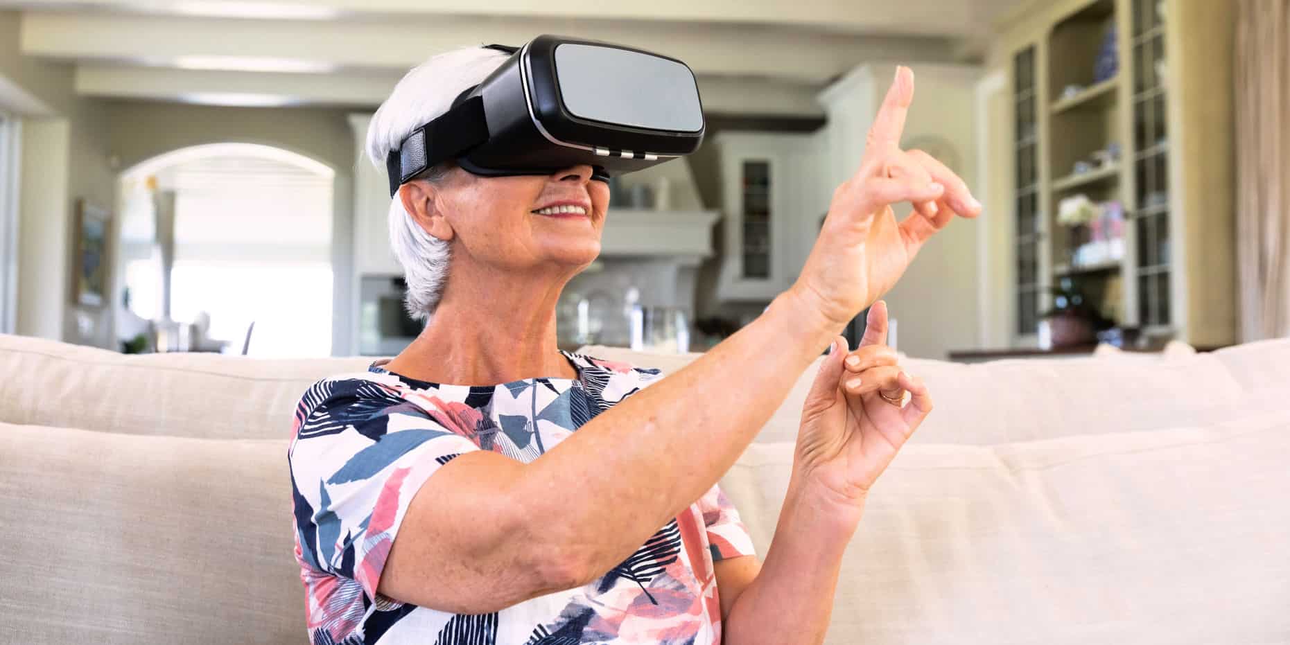 Senior woman wearing a VR headset
