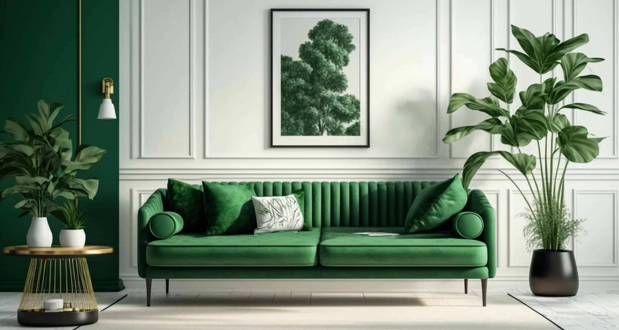 Soothing living room with green sofa, plants and white walls.